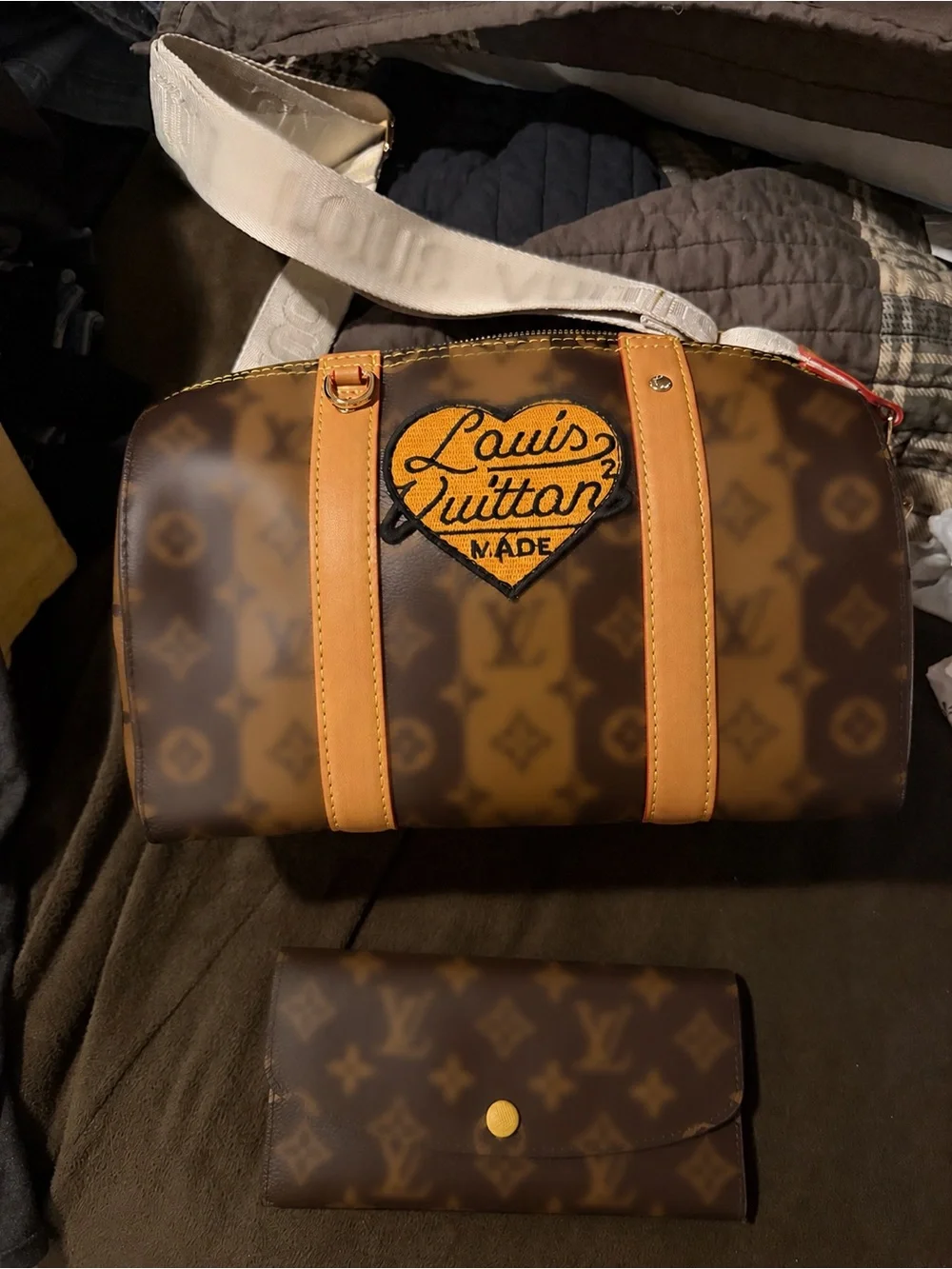 Brown Monogram Canvas Barrel Bag with Tan Straps